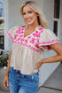 Beige Floral Embroidered Short Sleeve Notched V Neck Blouse